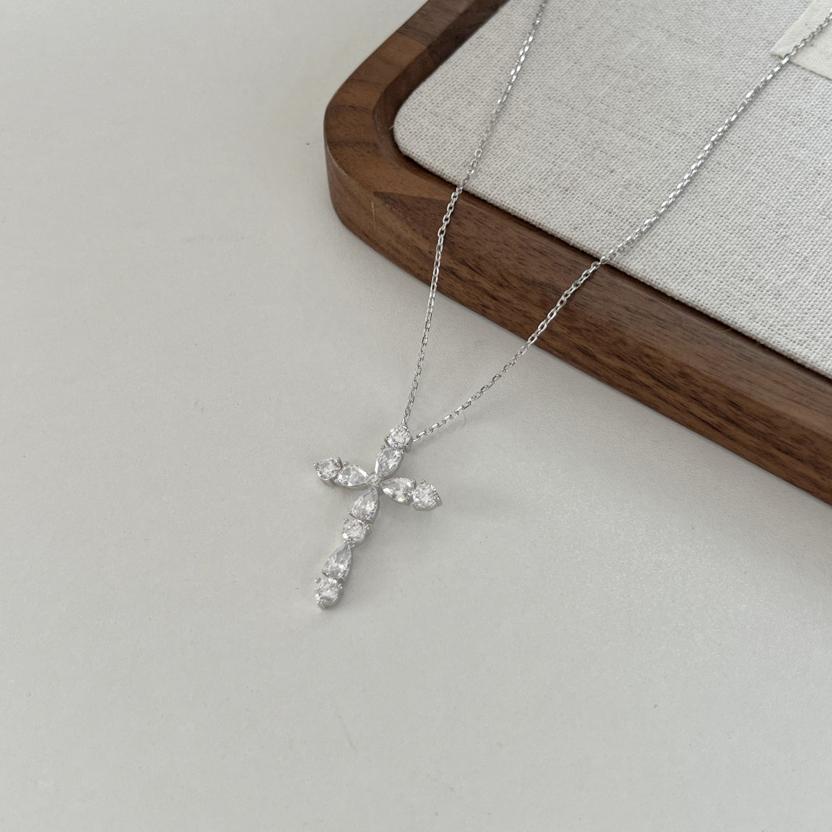 Sterling Silver S925 Pear-Shaped Zircon Cross Necklace