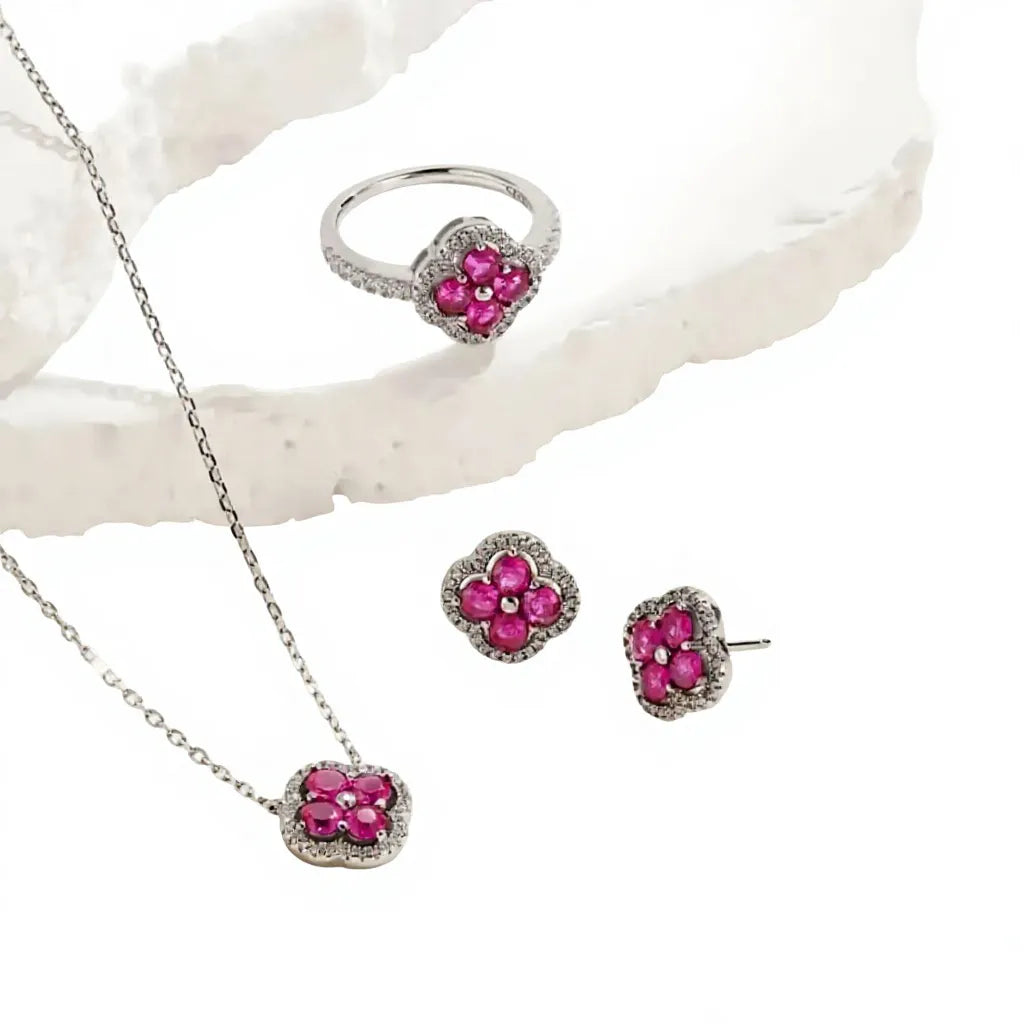 Silver S925 Rose Red Zircon Clover Necklace