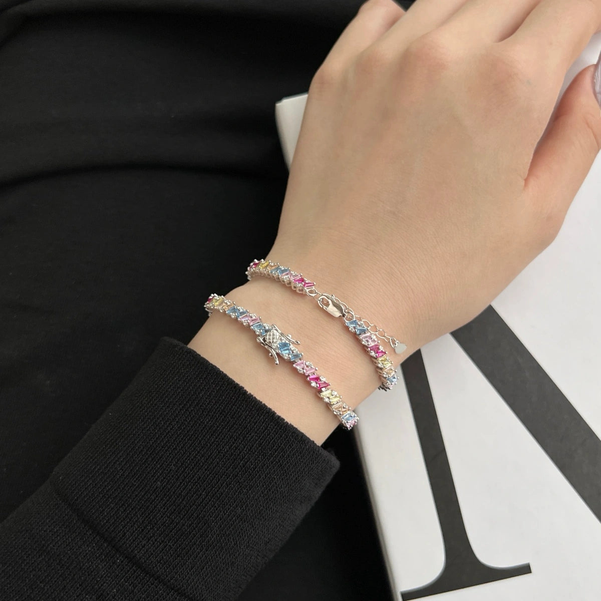 Silver Colorful Zircon Trapezoidal Bracelet